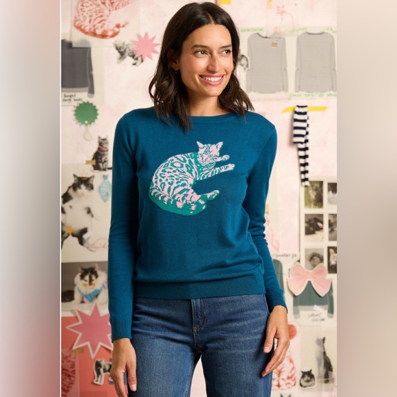 Sugarhill Teal Sweater with Pink Cat Design NWT - Picture 2 of 3